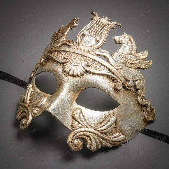 Silver Roman Greek Emperor Pegasus Horses Venetian Men Party Dance Face Mask - Picture 2 of 4